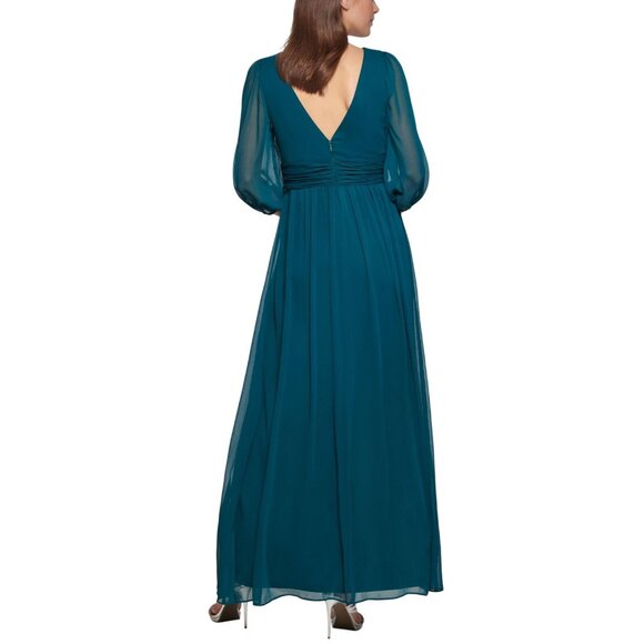 DKNY Chiffon Balloon-Sleeve Faux Wrap Side Slit Maxi Dress Forest Green 8 - Picture 10 of 12